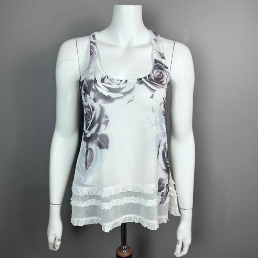 90s whimsigoth top tank Small FANG charmed sheer‎ roses tiered ruffle goth